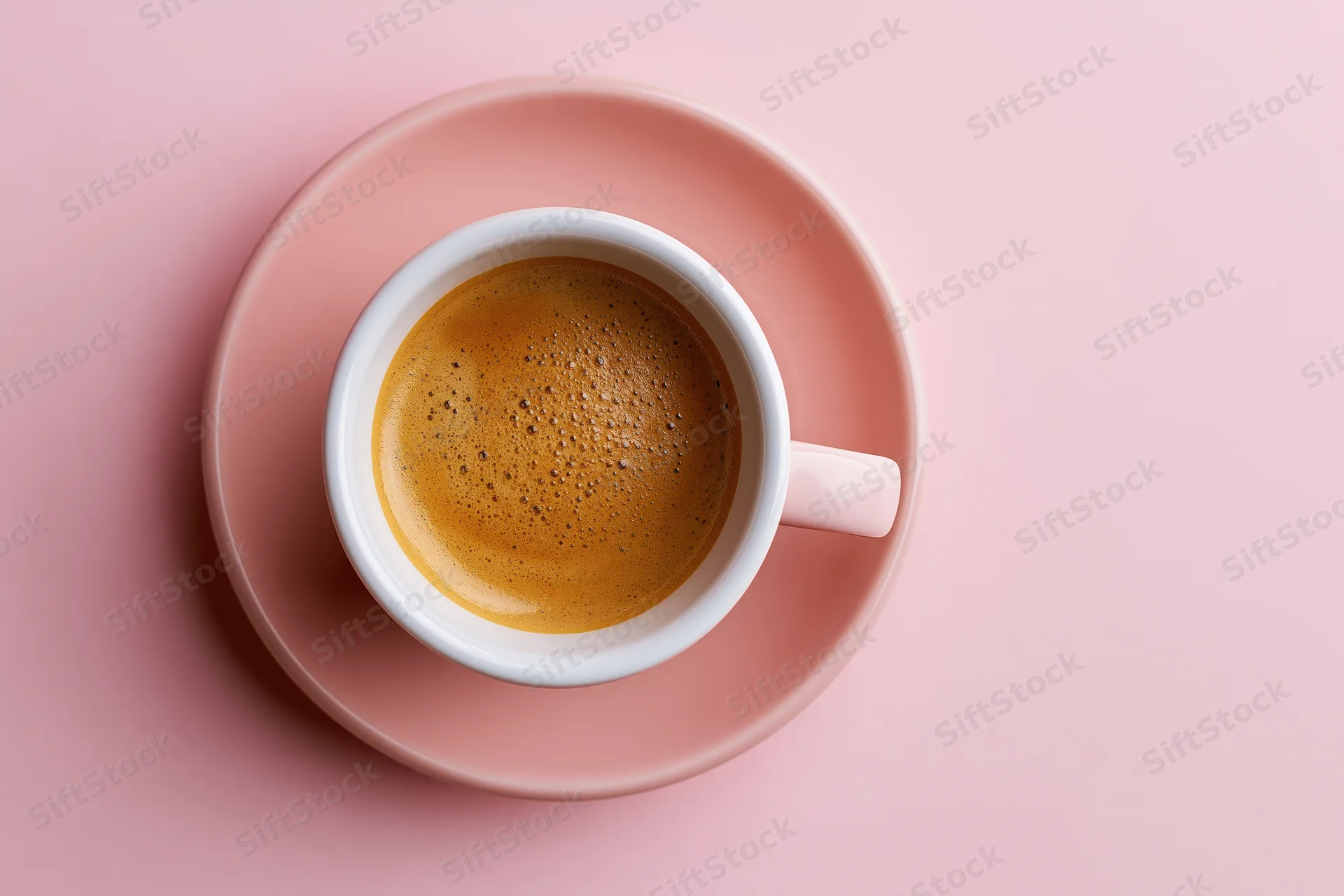 White ceramic coffee cup with frothy espresso on pink saucer, overhead view