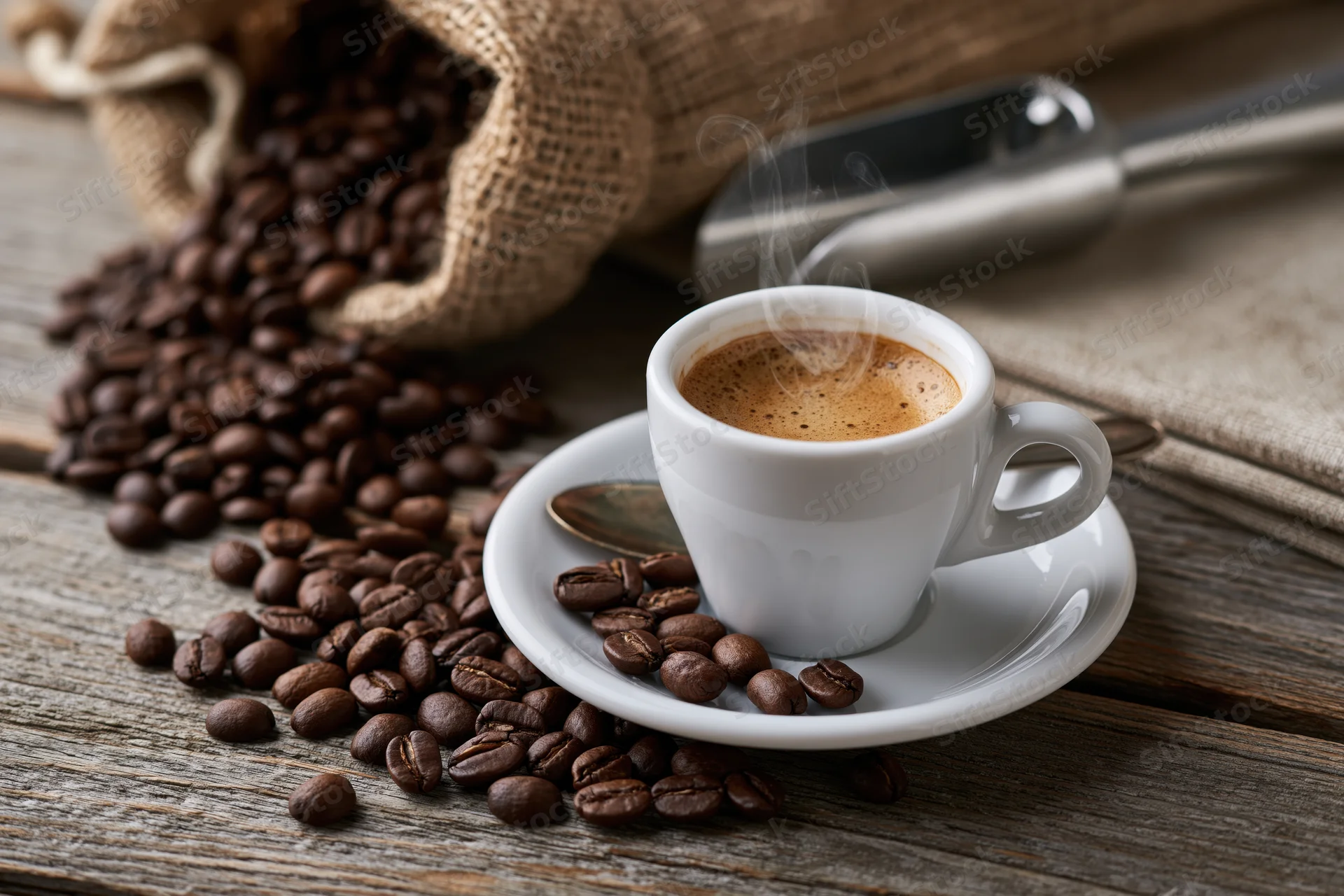 Steaming espresso cup with crema on a saucer surrounded by roasted coffee beans on a wooden table