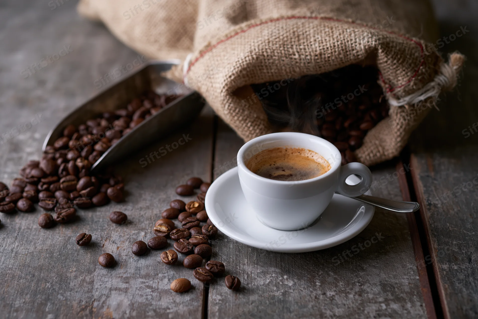 Steaming espresso cup with crema on a wooden table beside scattered coffee beans and a burlap sack