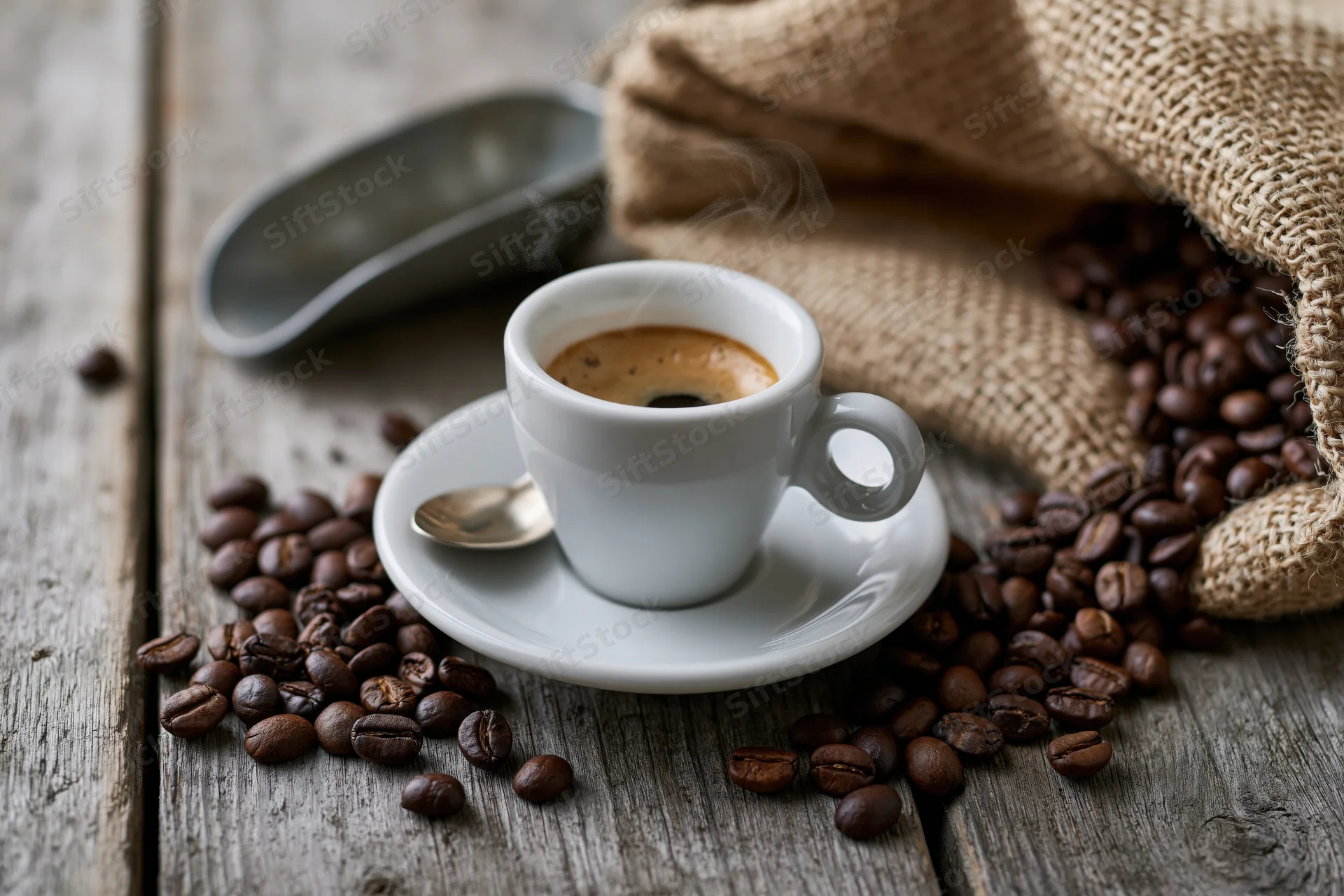 White ceramic espresso cup with steam and crema on wooden table surrounded by roasted coffee beans and burlap sack