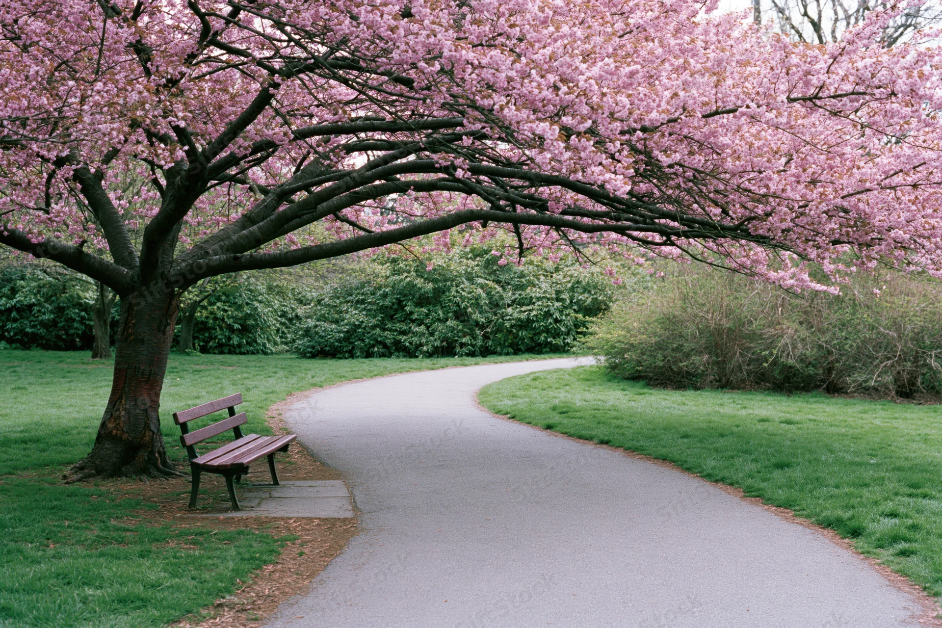 Winding paved path curves through a park under blooming cherry trees with a wooden bench beside it