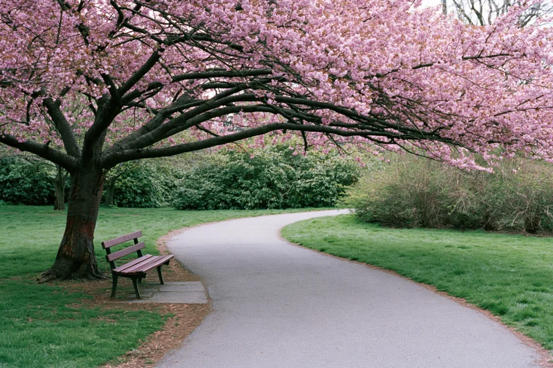Winding paved path curves through a park under blooming cherry trees with a wooden bench beside it
