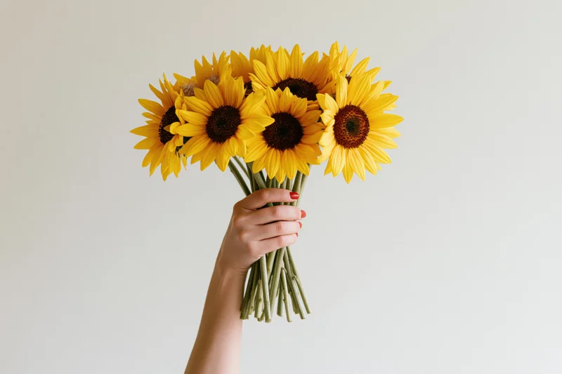 Woman's hand holding a bouquet of sunflowers raised upward against a plain background