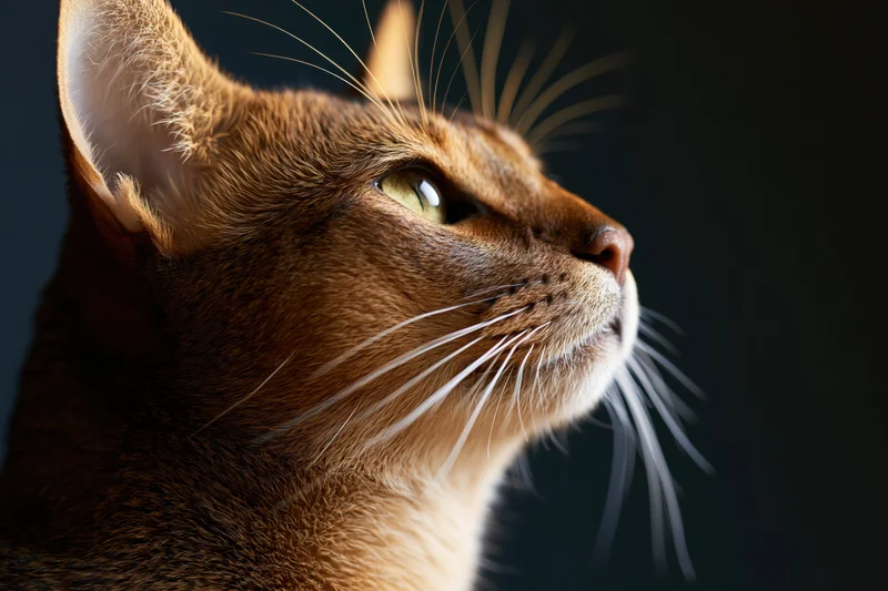 Abyssinian cat in side profile gazing upward with green eyes against dark background