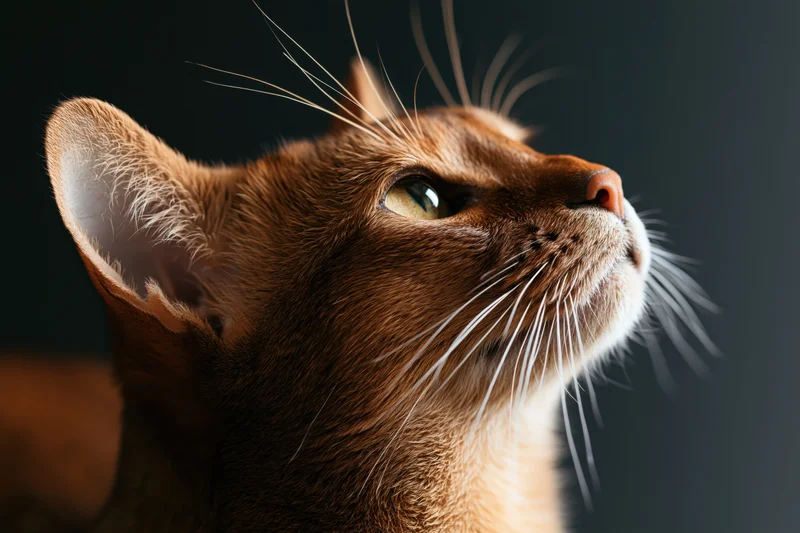 Close-up side profile of an abyssinian cat gazing upward with green eyes and detailed fur against a dark background