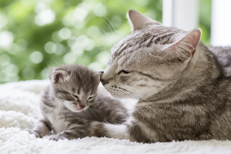 Adult silver tabby cat nuzzling a small kitten on a white fleece blanket indoors near a window