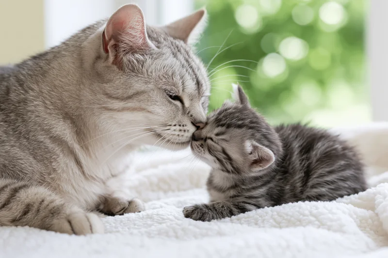 Adult silver tabby cat nuzzling a kitten on a white fleece blanket indoors