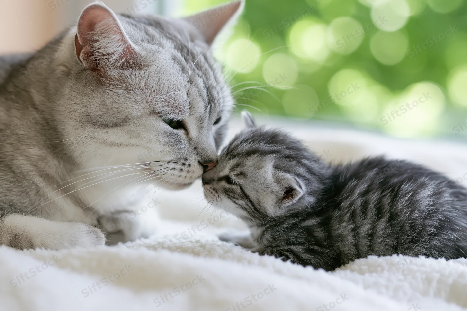 Adult silver tabby cat nuzzling kitten on white fleece blanket indoors