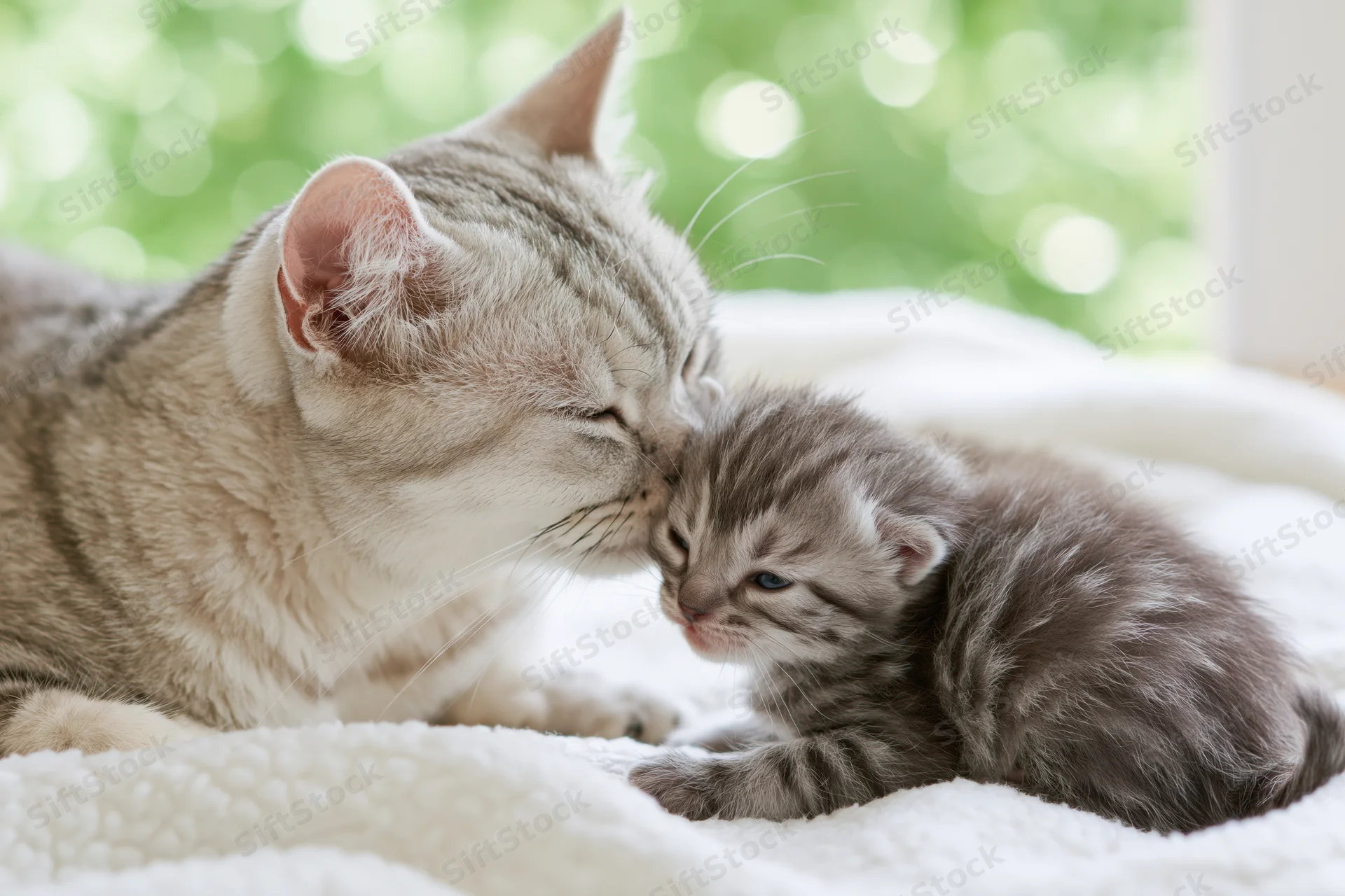 Adult silver tabby cat nuzzling a small kitten on a white fleece blanket indoors