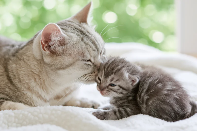 Adult silver tabby cat nuzzling a small kitten on a white fleece blanket indoors