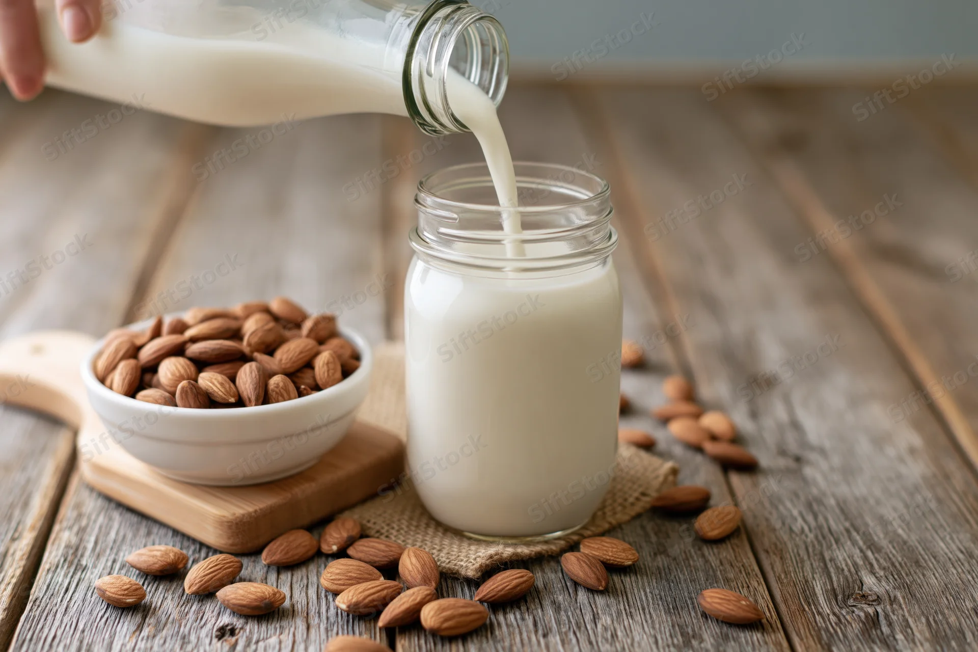 Almond milk being poured from a glass bottle into a jar on a wooden table with scattered almonds and a bowl nearby