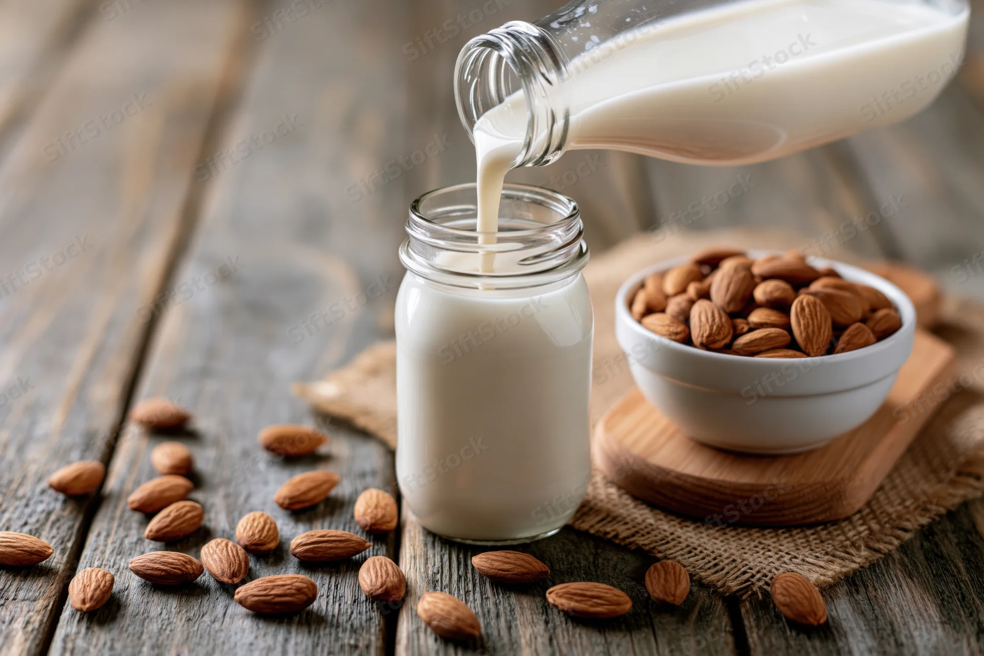 Almond milk being poured from a glass bottle into a jar on a wooden table with scattered almonds and a bowl nearby