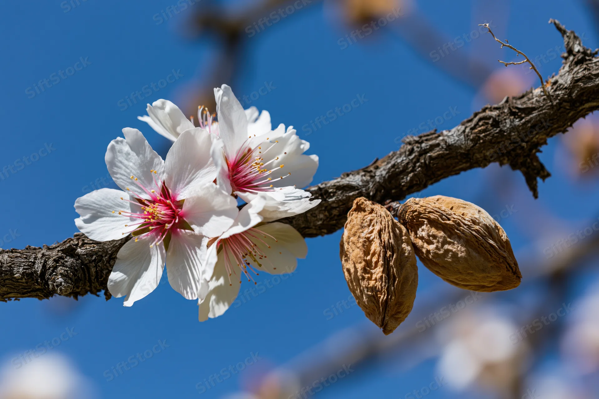 Almond tree branch with white blossoms and almonds against blue sky