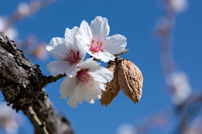Almond tree branch with white blossoms and developing nuts against a clear blue sky
