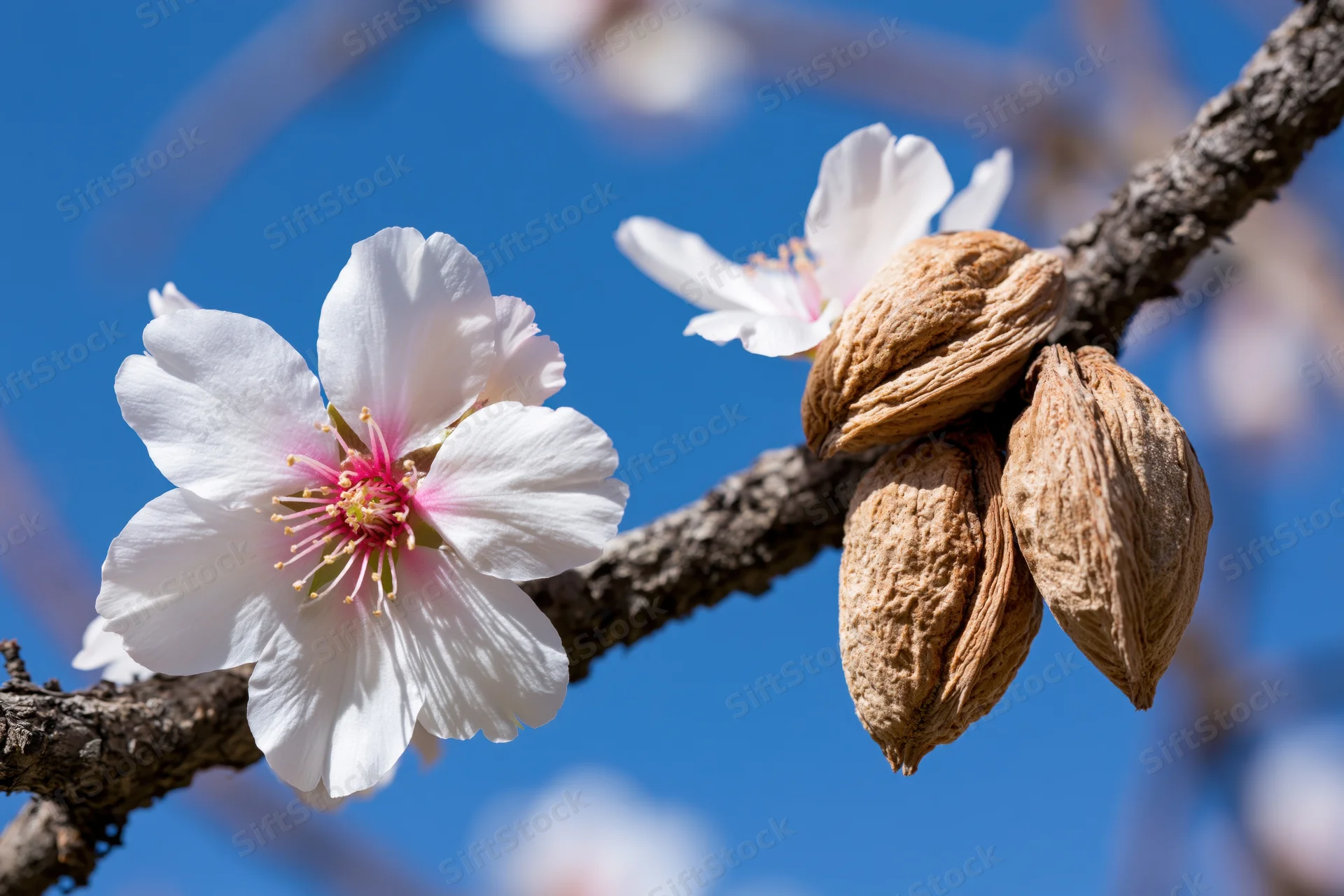 Almond tree branch with white blossoms and almonds against blue sky