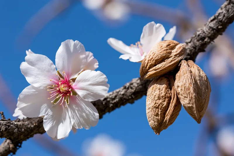 Almond tree branch with white blossoms and almonds against blue sky