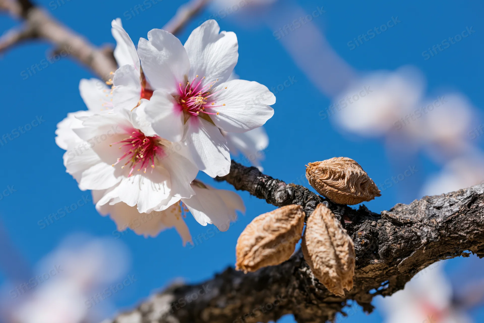 Almond tree branch with white blossoms and dried fruit shells against blue sky