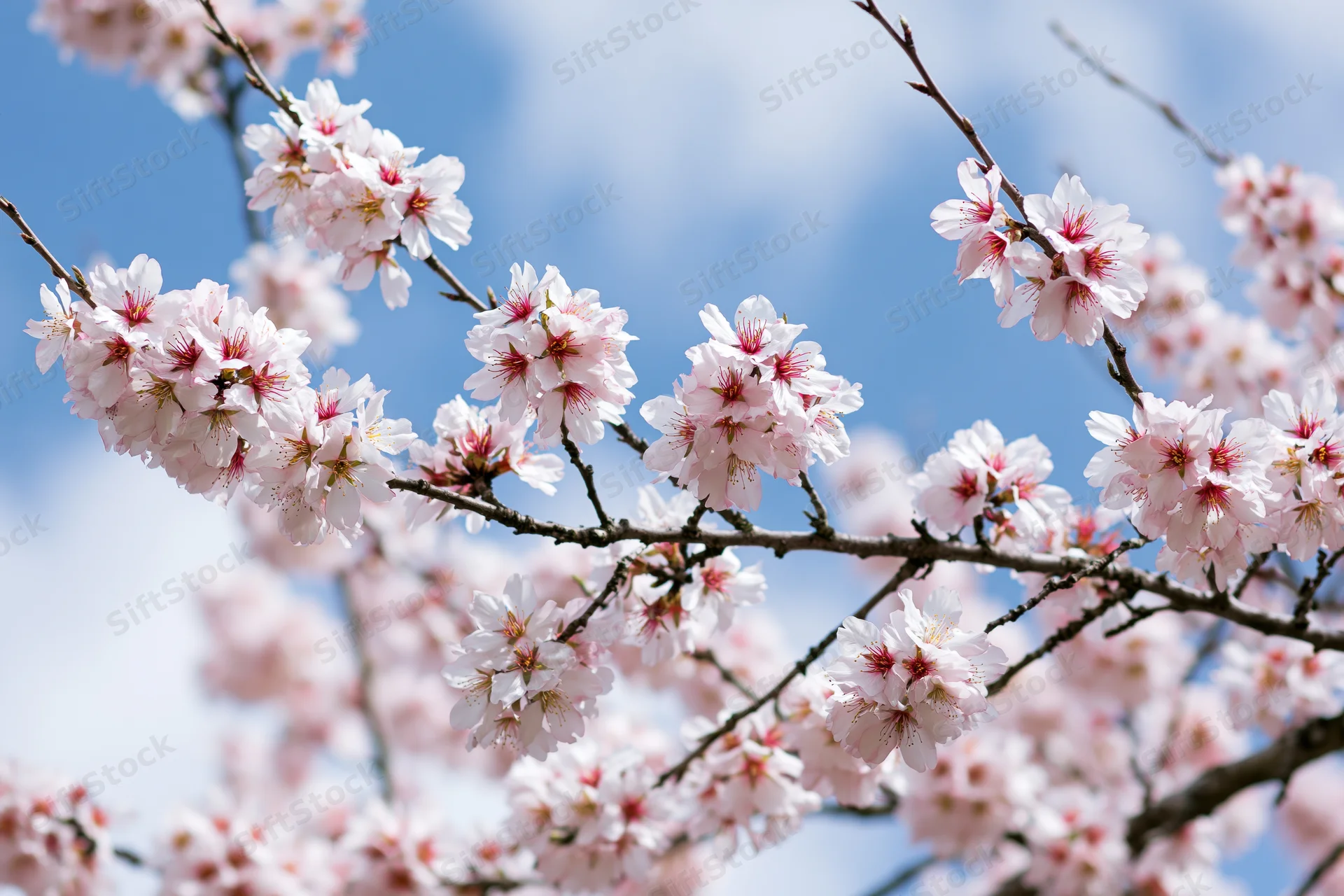 Cherry blossoms in full bloom on branches against a blue sky