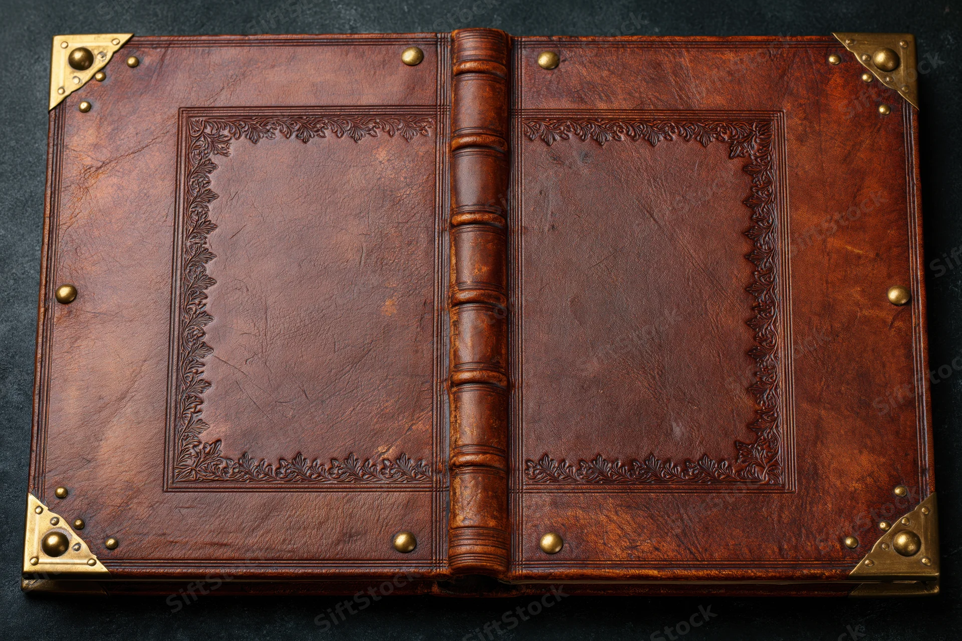 Open antique leather-bound book with brass corners and embossed borders on dark surface