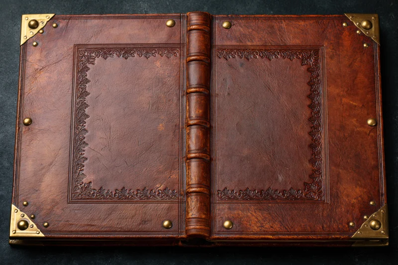 Open antique leather-bound book with brass corners and embossed borders on dark surface