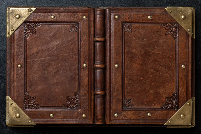 Open antique leather-bound book with brass corners and embossed floral details on dark background