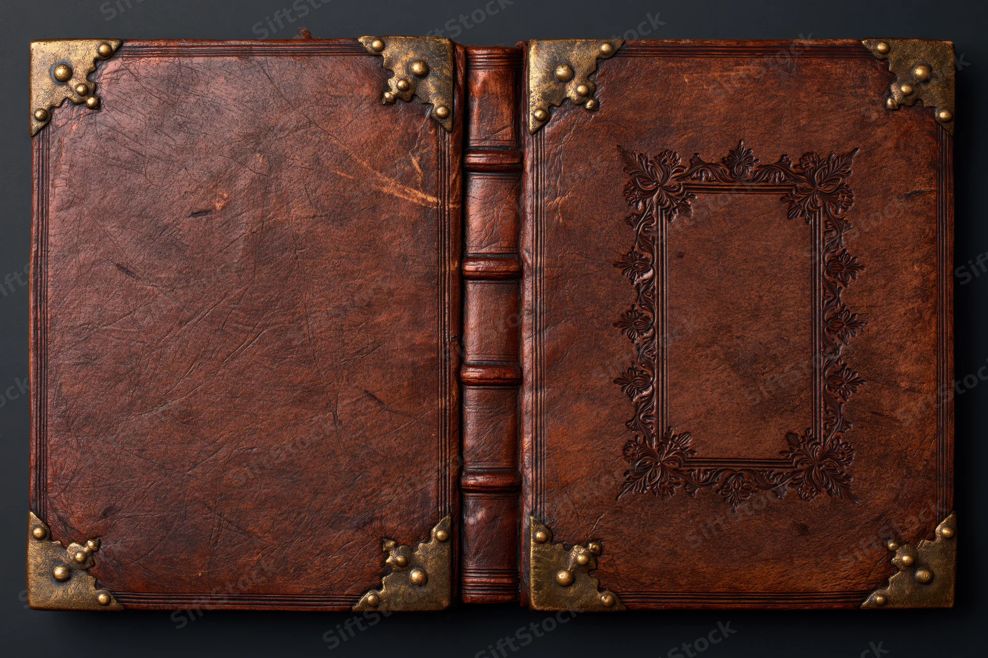 Open antique leather-bound book with embossed floral frame and brass corners on dark background