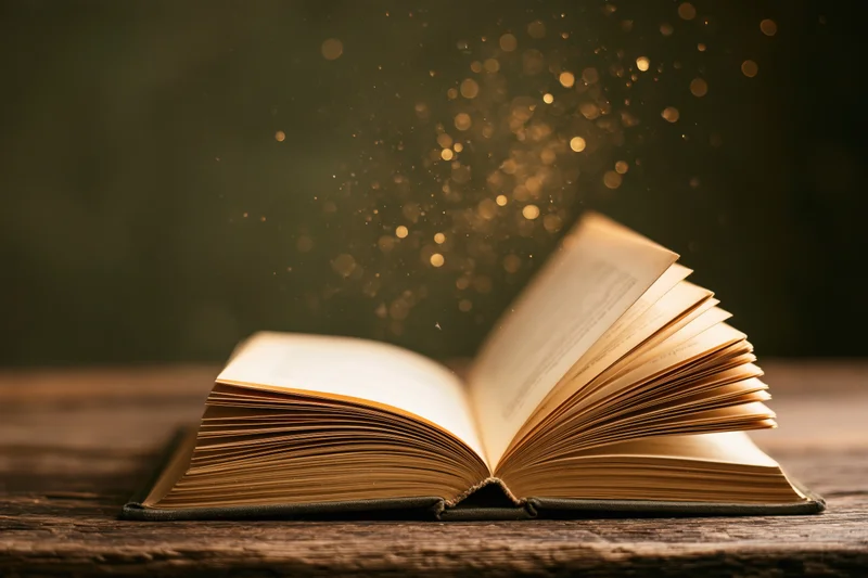 Open old hardcover book on worn wooden table with glowing golden particles rising from pages