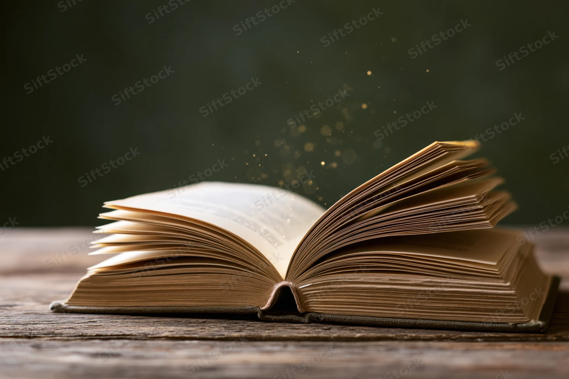 Open old hardcover book resting on worn wooden table with glowing particles rising from pages
