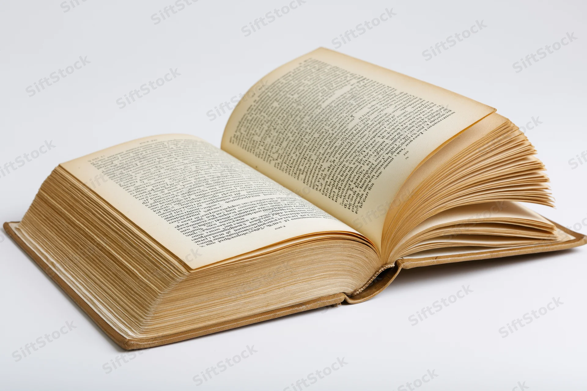 Open vintage hardcover book with fanned and arched pages on white background