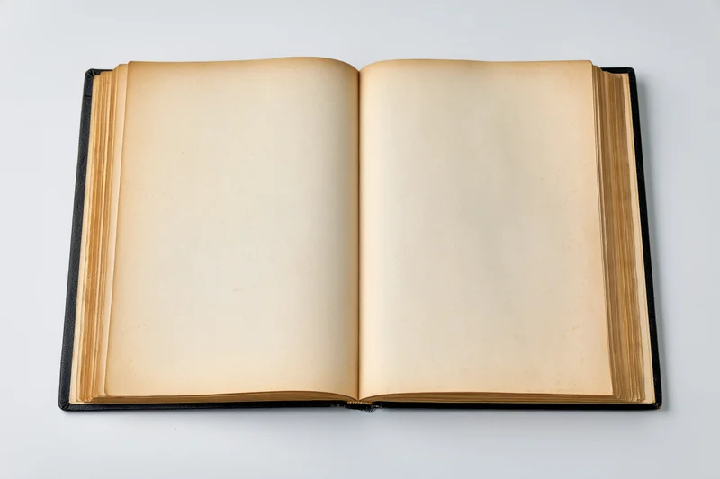 Open hardcover book with blank yellowed pages on white surface