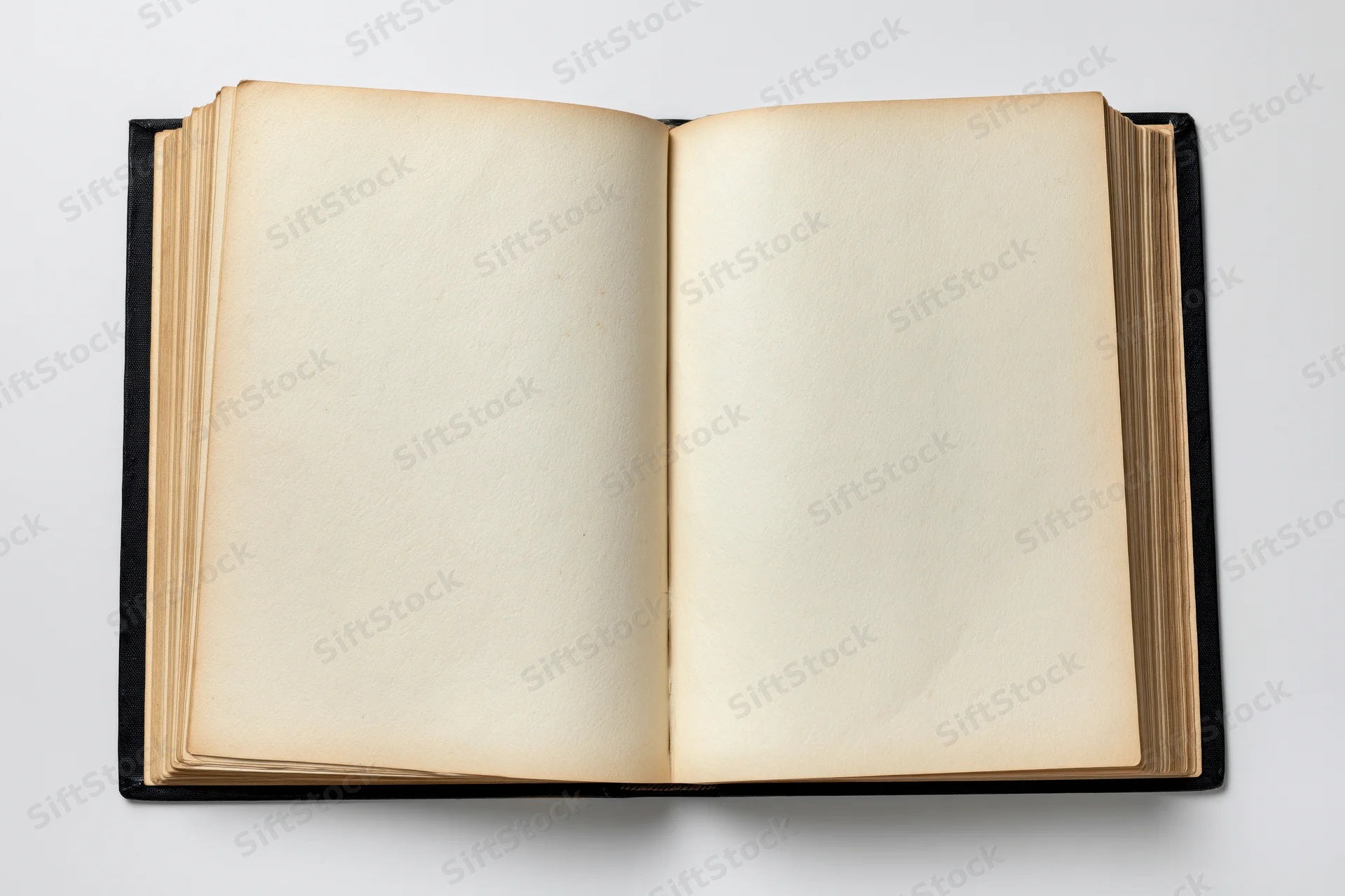 Open hardcover book with blank yellowed pages on white background