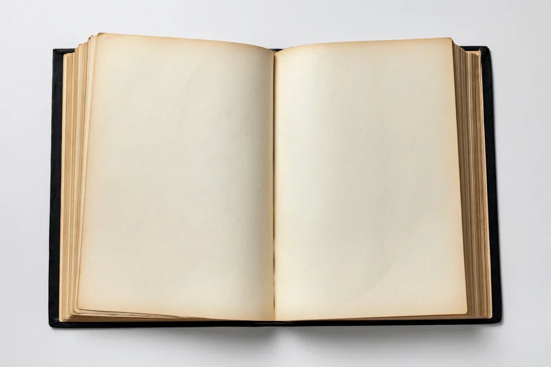 Open hardcover book with blank yellowed pages on white background