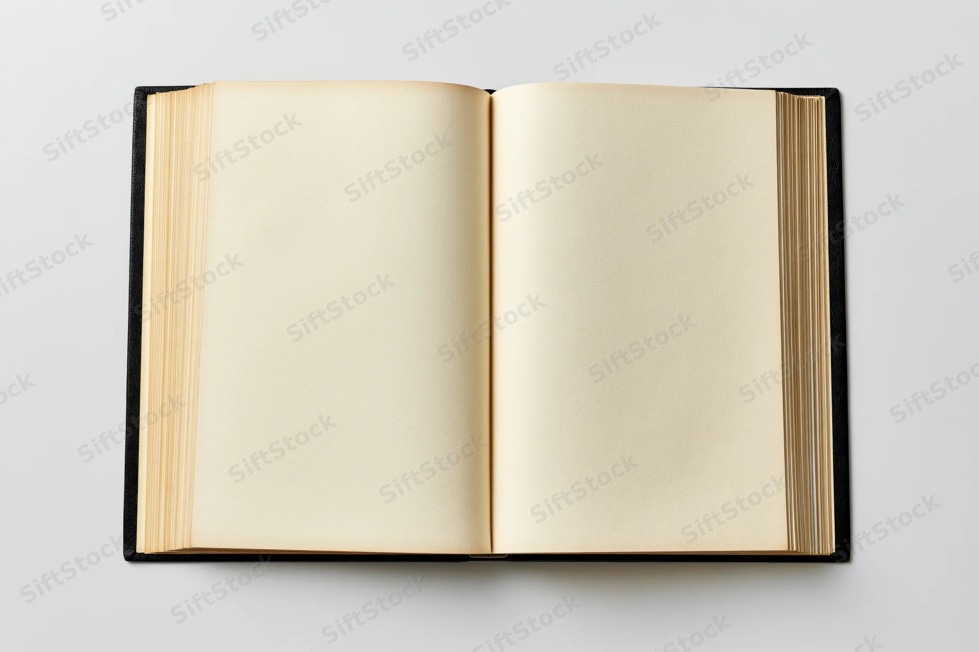 Open hardcover book with blank yellowed pages on white background