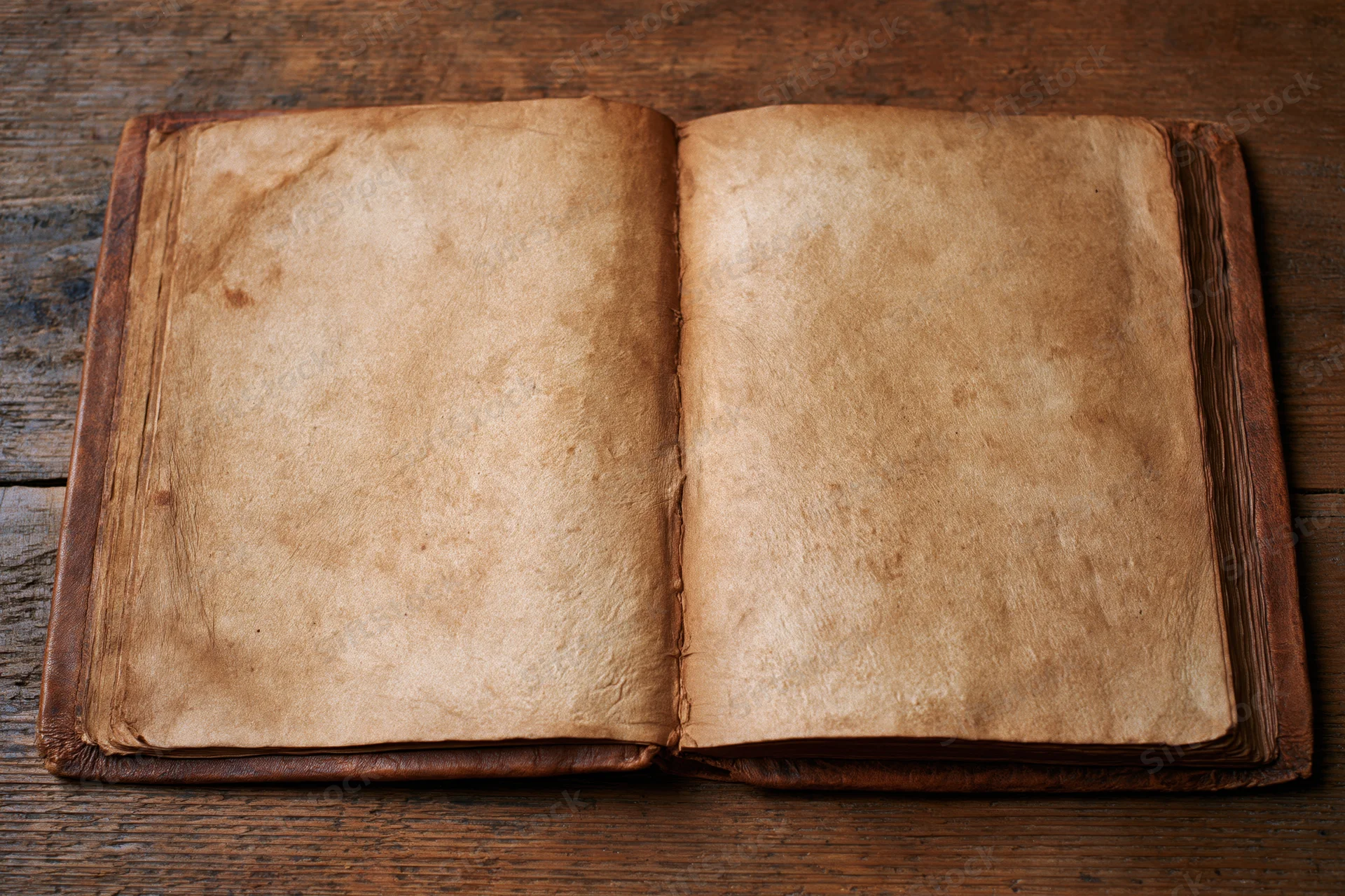 Open vintage leather-bound book with blank aged pages lying flat on a rough wooden table