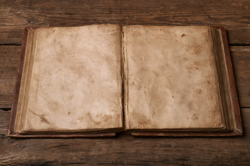 Open vintage book with blank aged pages lying flat on a rustic wooden table