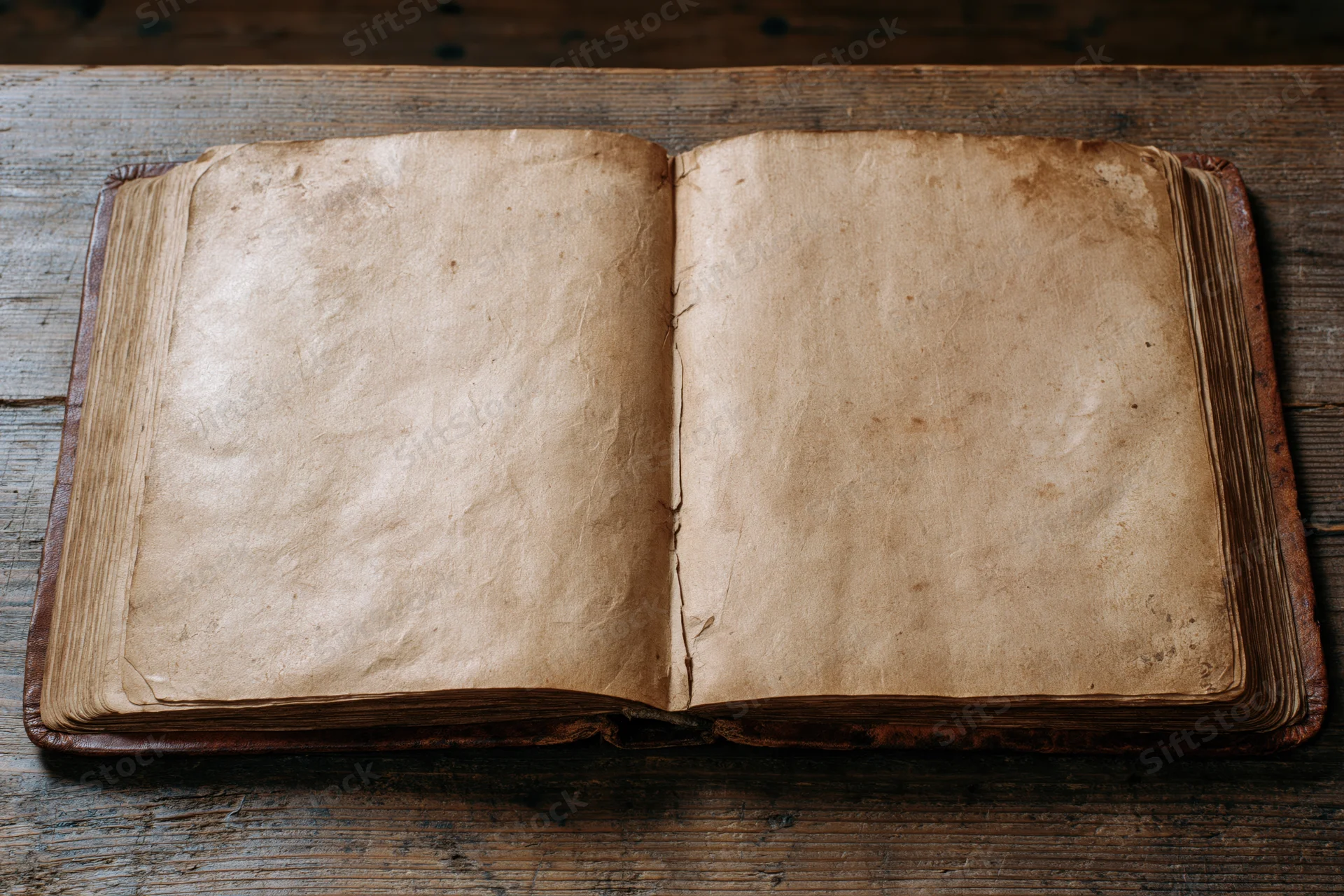 Open vintage book with aged pages lying flat on a rustic wooden table