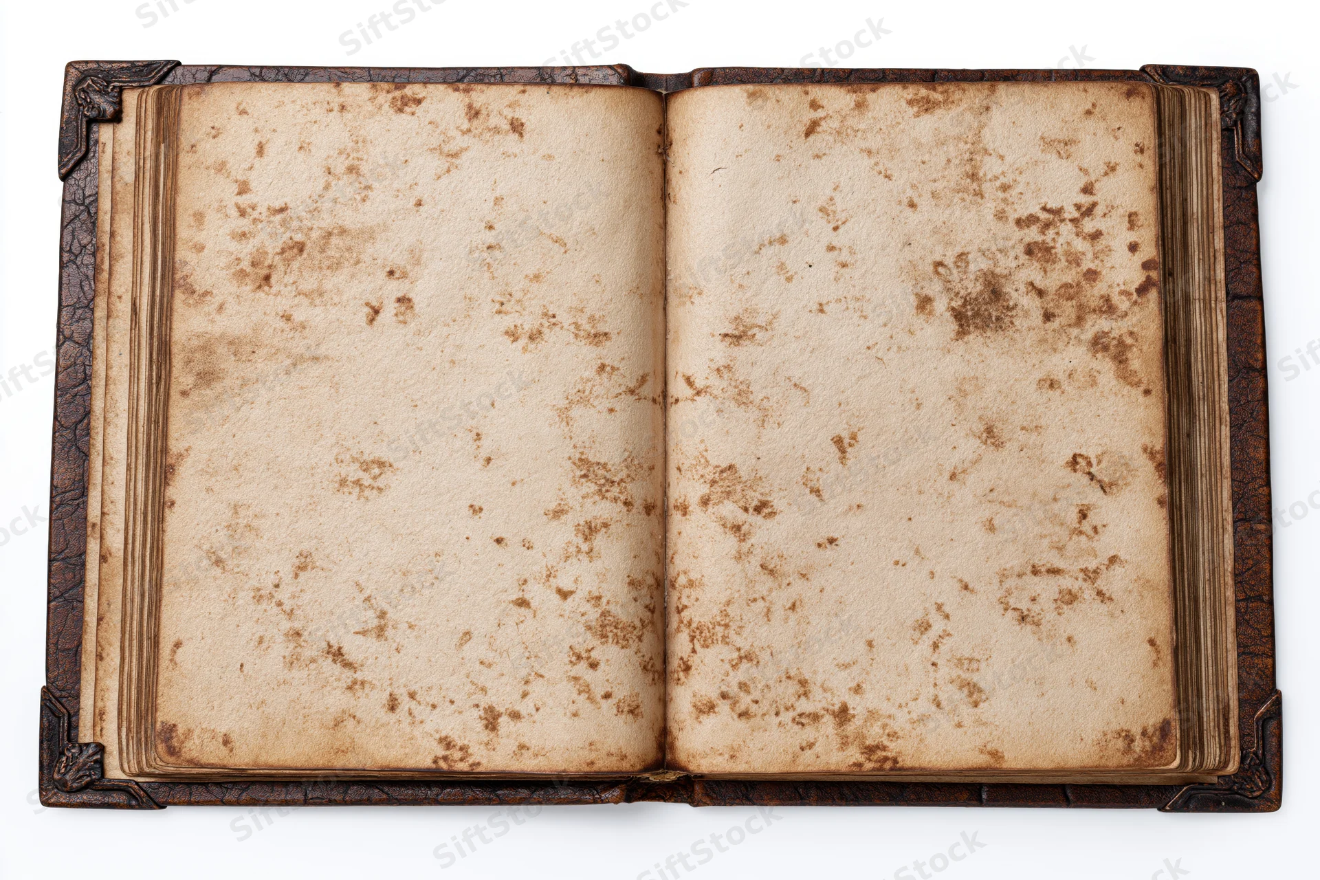 Open vintage leather-bound book with blank yellowed pages on white background