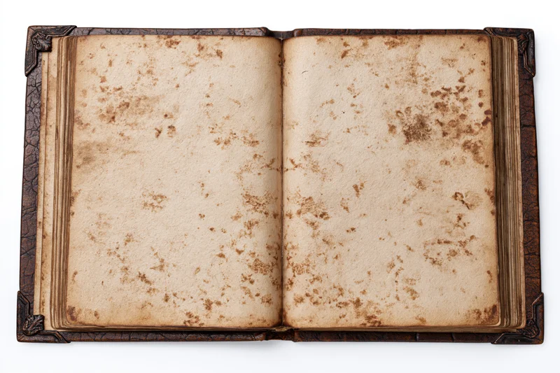 Open vintage leather-bound book with blank yellowed pages on white background