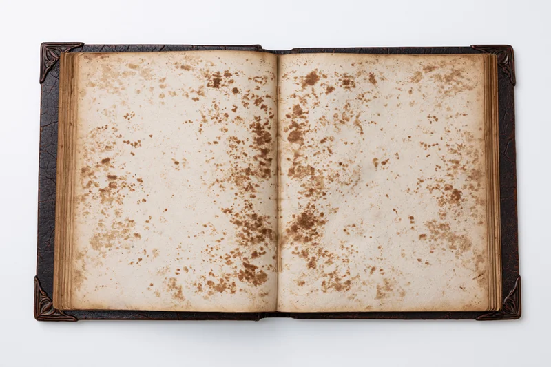 Open vintage book with blank yellowed pages on white background