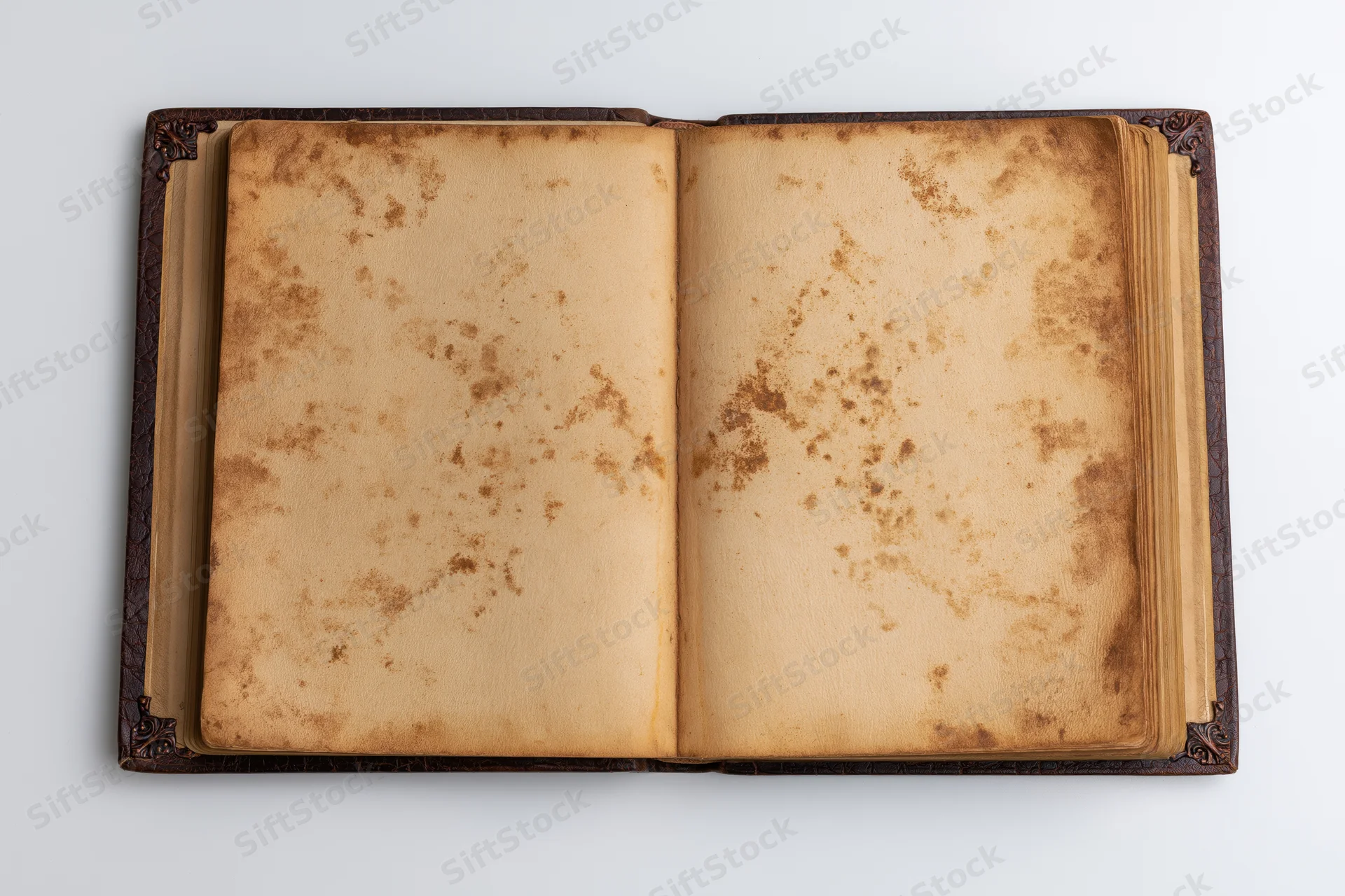 Open vintage book with yellowed blank pages on white background