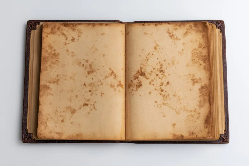 Open vintage book with yellowed blank pages on white background
