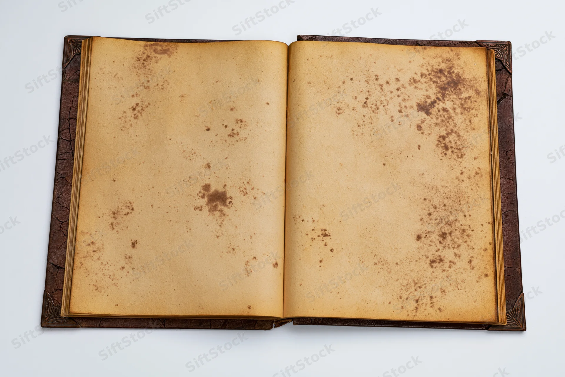 Open vintage book with blank yellowed pages lying flat on white surface