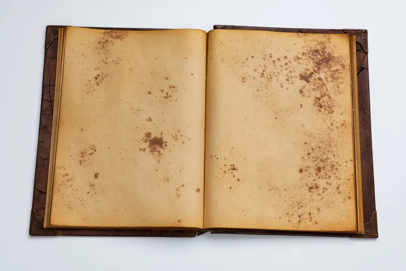 Open vintage book with blank yellowed pages lying flat on white surface