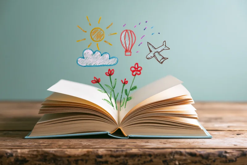 Open hardcover book with illustrated drawings of sun, cloud, flowers, airplane and hot air balloon emerging from pages on wooden table
