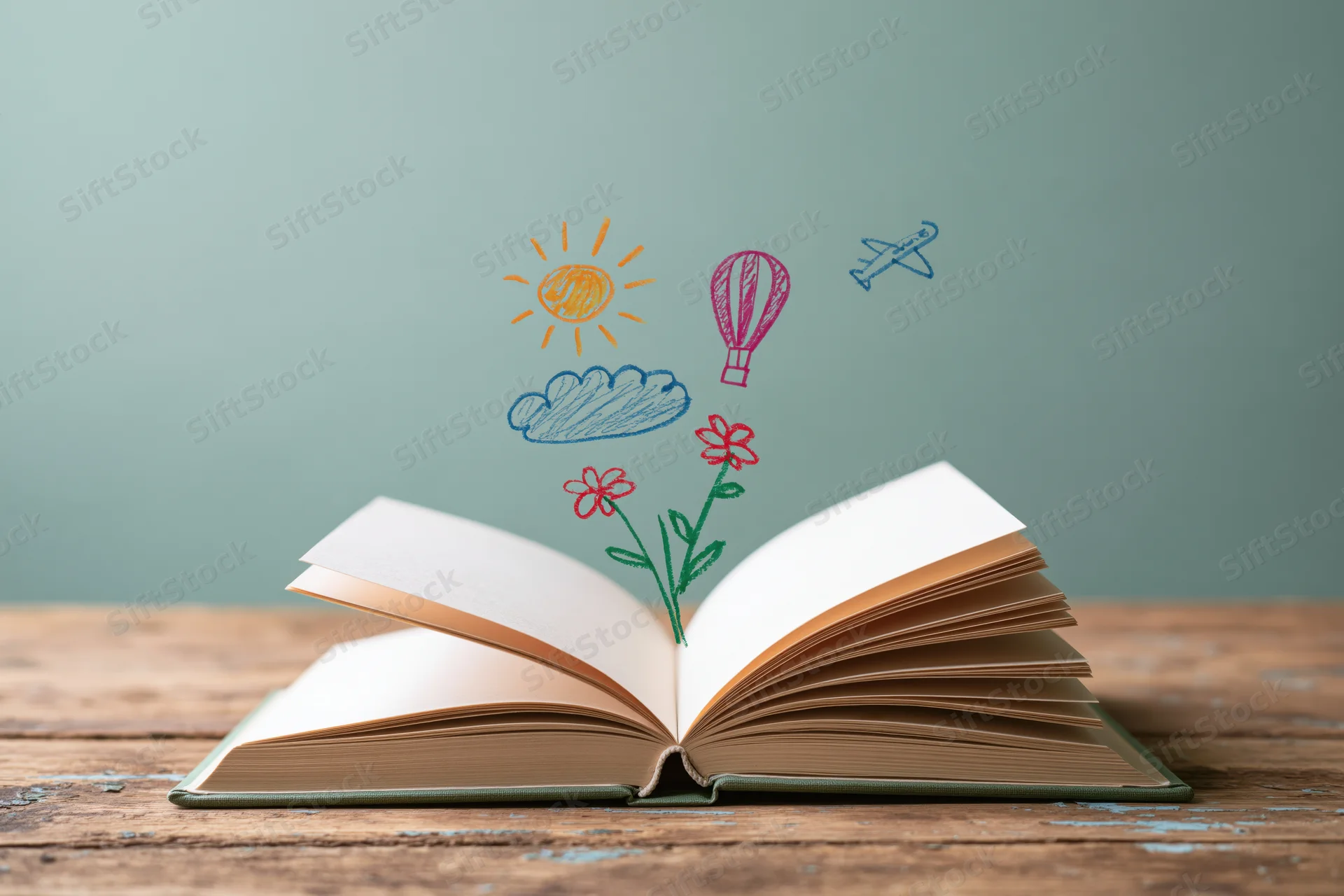 Open hardcover book on wooden table with colorful childlike drawings of sun, cloud, flowers, hot air balloon and airplane emerging from pages