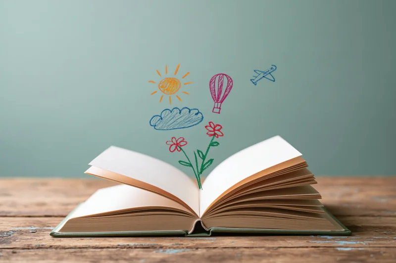 Open hardcover book on wooden table with colorful childlike drawings of sun, cloud, flowers, hot air balloon and airplane emerging from pages