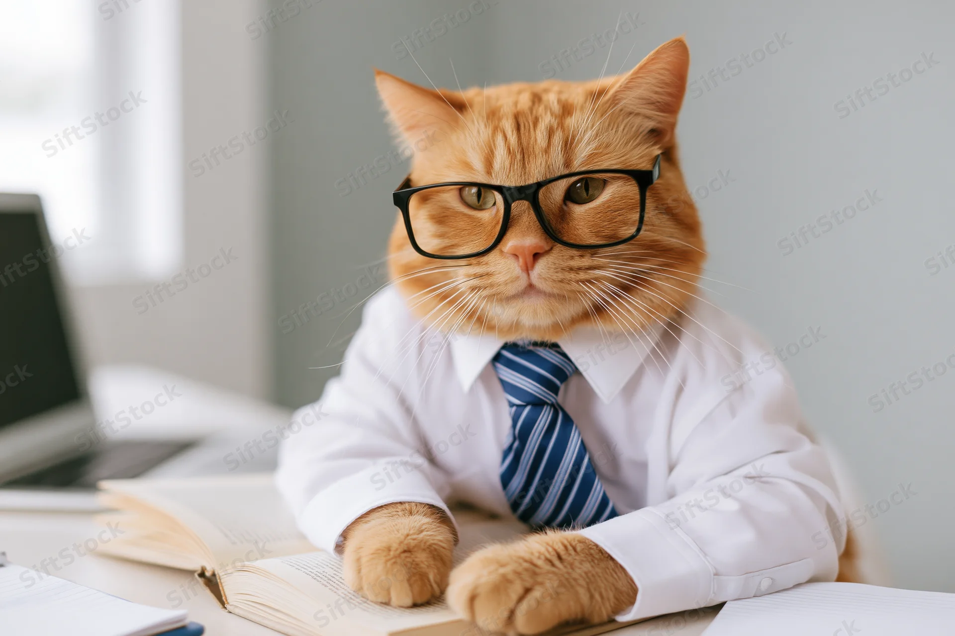 Orange tabby cat wearing glasses and a striped tie, sitting at a desk with an open book and laptop, appearing focused on work