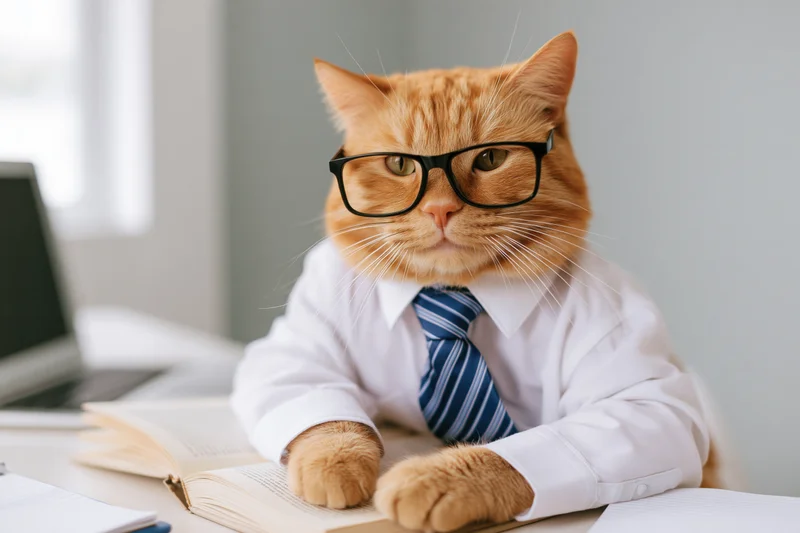 Orange tabby cat wearing glasses and a striped tie, sitting at a desk with an open book and laptop, appearing focused on work