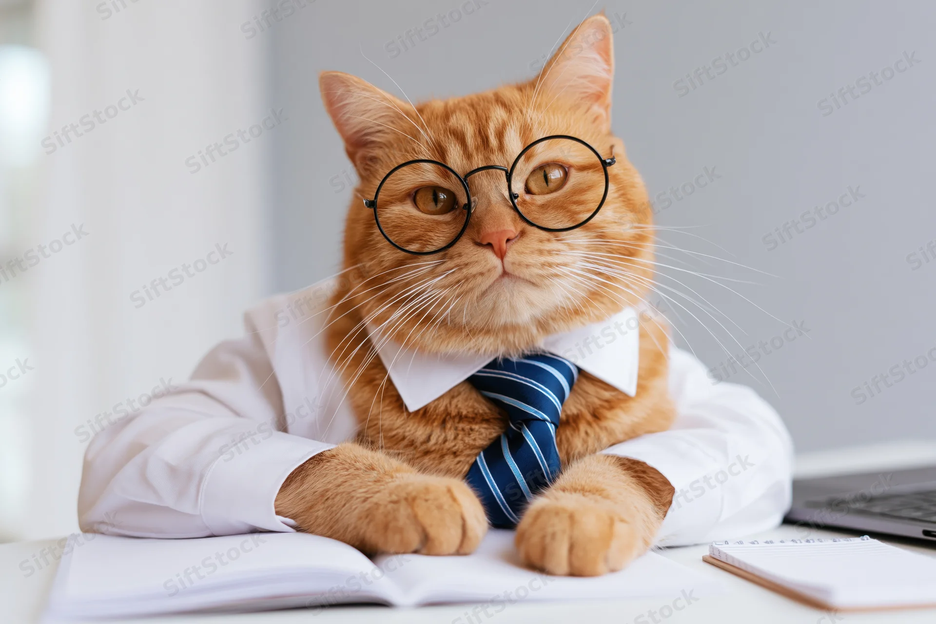 Orange tabby cat wearing round glasses and a striped tie, sitting at a desk with an open notebook and laptop, dressed in a white shirt as if working in an office