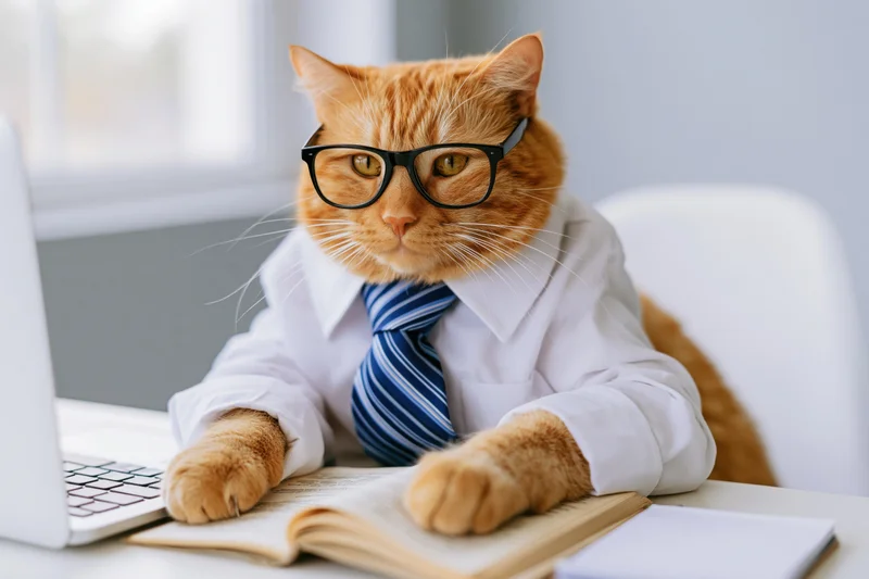 Orange tabby cat wearing glasses and tie sitting at desk with laptop and open book, focused on work